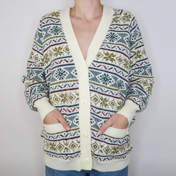 Vintage 80s Rainbow Fair Isle Cardigan Sweater - Picture 2 of 6